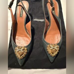 Dolce & Gabbana Dark Green Pointed Slingback kitten Heels Sacred Heart 38.5 Eur